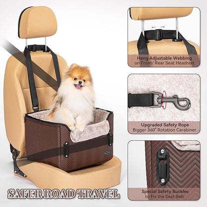 PETSFIT Car Seat for Dogs, Waterproof PU Leather Dog Car Seat for Small Dogs with Patented Safe Buckles, Clip-On Leash, Pet Travel Carrier Bed for Small Pets Up to 25lbs (Brown)