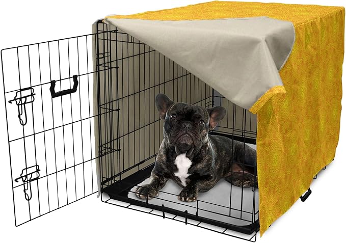 Lunarable Yellow Mandala Dog Crate Cover, Vibrant Colored Abstract Lotus Flowers Native Art Warm Sun Inspired, Easy to Use Pet Kennel Cover for Cats & Medium Dogs, 24 Inch, Yellow Orange