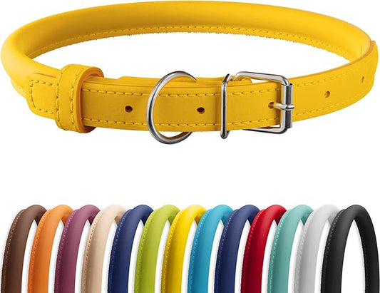 CollarDirect Rolled Leather Dog Collar, Soft Padded Round Puppy Collar, Handmade Genuine Leather Collar Dog Small Large Cat Collars 13 Colors (13-16 Inch, Yellow Smooth)