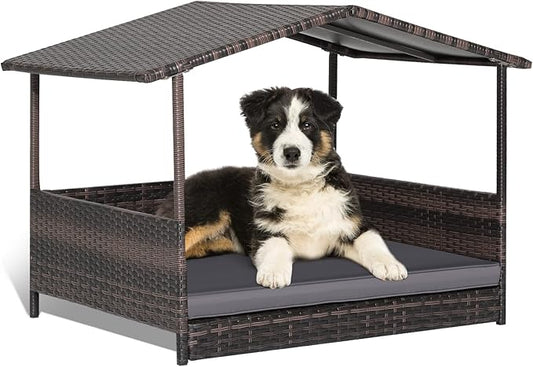 Giantex Wicker Dog House, Raised Rattan Dog Bed with Waterproof Roof, Washable Cushion Cover, Steel Frame, Indoor Outdoor Elevated Dog Bed Pet House for Small Medium Dogs Cats, Easy Assembly