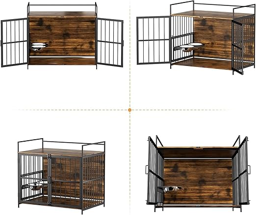 41 Inch Furniture Style Large Dog Crate with 360° & Adjustable Raised Feeder for Dogs 2 Stainless Steel Bowls -End Table House Pad, Indoor Use Brown