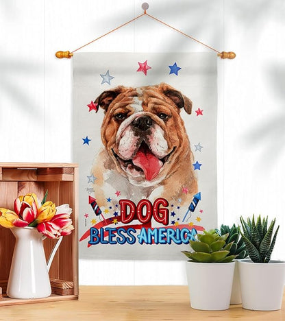 Breeze Decor Patriotic Bulldog House Flag Dowel Set Dog Puppy Spoiled Paw Canine Fur Pet Nature Farm Animal Creature Decoration Banner Small Garden Yard Gift Double-Sided, Made in USA
