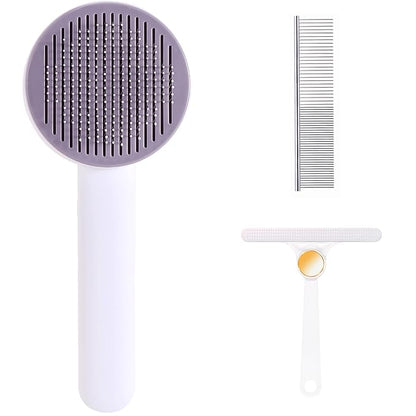 Self Cleaning Slicker Brush for Cat or Dog, Pet Grooming Brush for Long or Short Hair, Dog comb For One Button Gently Removes Loose Undercoat and Shedding Hair (Purple/Purry)