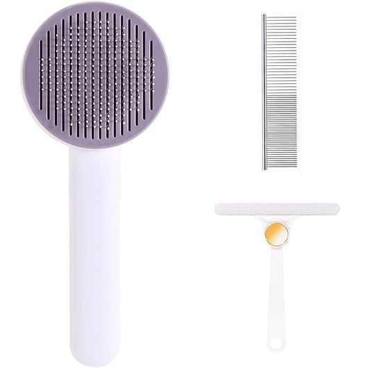 Self Cleaning Slicker Brush for Cat or Dog, Pet Grooming Brush for Long or Short Hair, Dog comb For One Button Gently Removes Loose Undercoat and Shedding Hair (Purple/Purry)