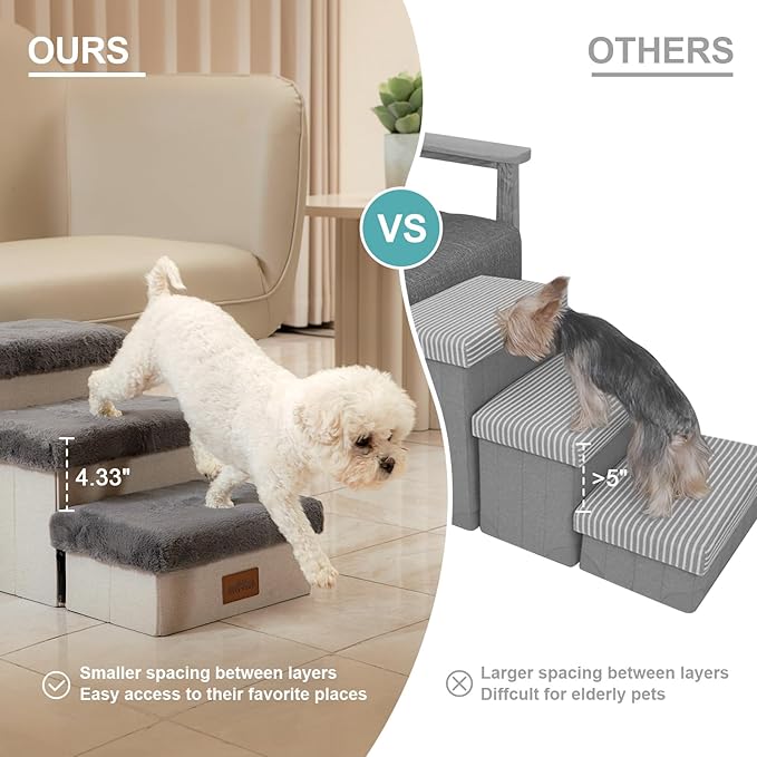 Dog Stair for Small Dogs with Storage, 17.7" H Foldable Pet Step with Soft Leakproof Cover, Older Cat Ramp for Couch Sofa Bed, Lightweight, Comfort, 33x13x17.7 inch, 4 Tiers Grey