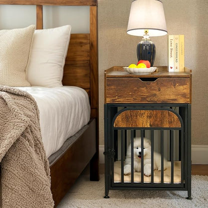 Dog Crate Furniture for Small Dogs, Chew-Proof Steel-Tube Dog Cage, Indoor Pet Crate End Table with Pet Mat, Decorative Dog Kennel with Drawer