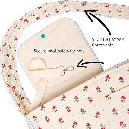 Flower Pet Sling Carrier for Small Dogs and Cats, Breathable Cotton Cats Carrier Purse，Floral Print Puppy Carrier Bag 3-10 Lbs, Hand Free Travel Chest Dog Purse, Gifts for Dog Mom Girls（White, Small