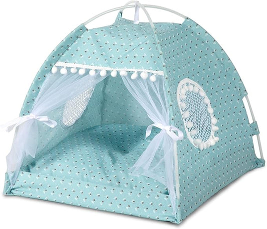 Gigreinc Cat Princess Indoor Tent House Pet Dog Cute Flower Cave Nest Bed Kitten Tent Suitable for Samll Dogs (M:38x38x36cm/15x15x14inch, Flower Green)