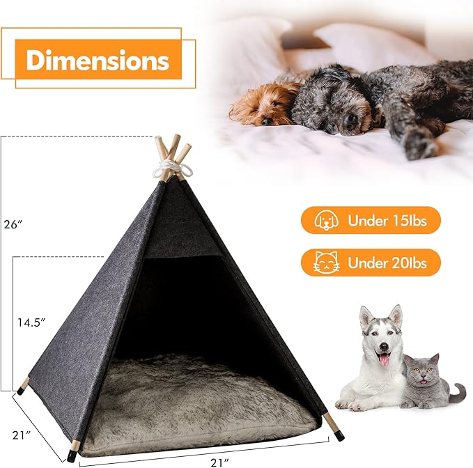 Pet Teepee Tent for Cats and Small Dogs - Cozy Portable Cat Dog House with Thick Cushion Washable for Indoor Outdoor Use