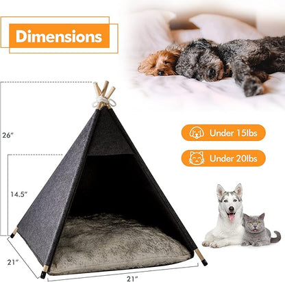 Pet Teepee Tent for Cats and Small Dogs - Cozy Portable Cat Dog House with Thick Cushion Washable for Indoor Outdoor Use