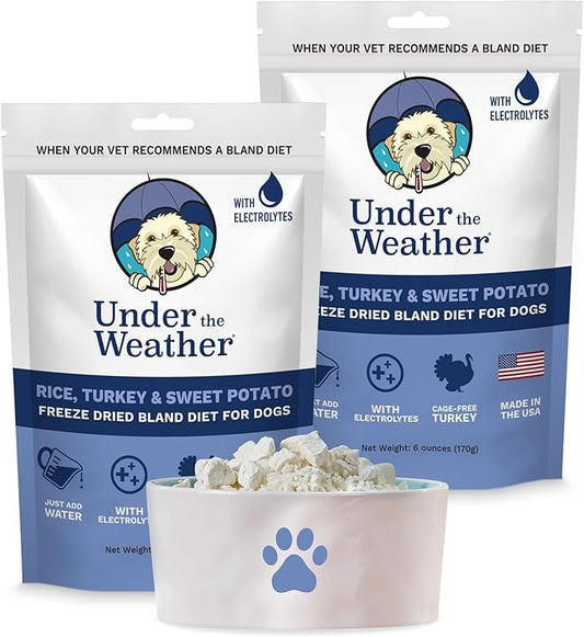 Under the Weather Bland Diet for Dogs | Easy to Digest for Sick Dogs |Always Be Ready| Contains Electrolytes - All Natural Freeze Dried 100% Human Grade Meats| 2 Pack- Rice Turkey & Sweet Potato - 6oz