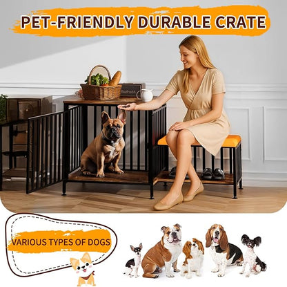Shoe Bench Dog Crate with Storage Chew-Proof Steel-Tube Dog Cage, Indoor Pet Crate End Table for Small Dogs
