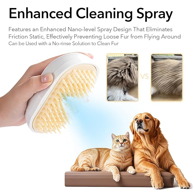 Soft 3-in-1 Silisone Spray Brush, Upgraded for Shedding, Cleaning and Spa Massage, Hair Removal, Best Water Steam Brush for indoor Long or Short Haired Cat and Dog (White, Round)