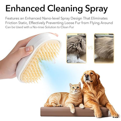 Soft 3-in-1 Silisone Spray Brush, Upgraded for Shedding, Cleaning and Spa Massage, Hair Removal, Best Water Steam Brush for indoor Long or Short Haired Cat and Dog (White, Round)