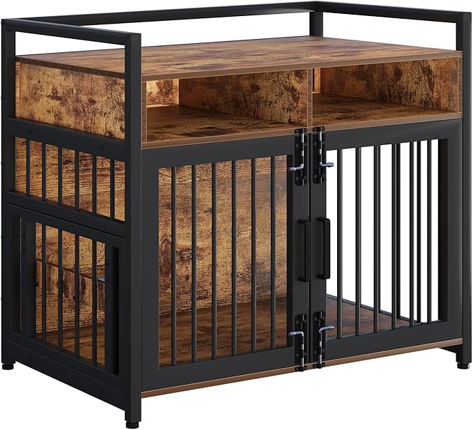41 Inch Large Dog Crate Furniture for Large Dogs, Heavy Duty Kennel with 2 Drawers Storage, 360° Adjustable Raised Feeder, Wooden Dog Cage Indoor House End Table for Dogs
