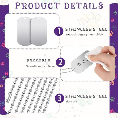 Therwen 62 Pieces Military Dog Tags Necklace Set Including 30 Aluminum Blank Dog Tag 30 Ball Stainless Steel Beaded Necklaces and 2 Erasable Markers for DIY Crafts