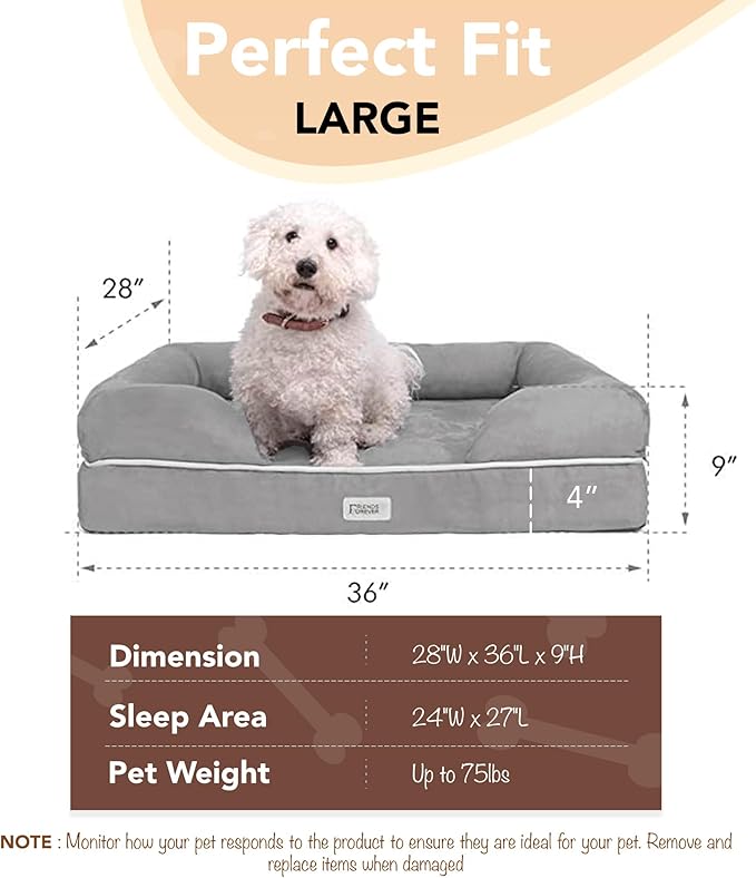 Friends Forever Large Dog Bed, Orthopedic Dog Sofa Memory Foam Mattress, Calming Dog Couch Bed, Wall Rim Pillow, Water Resistant Liner, Washable Cover, Non-Slip Bottom, Chester, Large Cocoa Brown