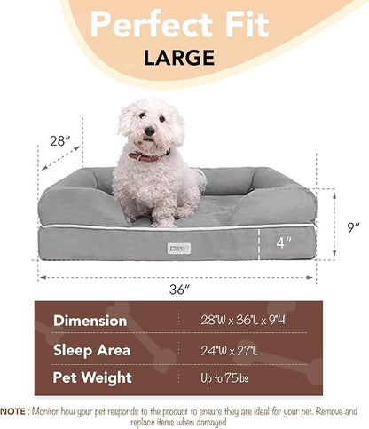 Friends Forever Large Dog Bed, Orthopedic Dog Sofa Memory Foam Mattress, Calming Dog Couch Bed, Wall Rim Pillow, Water Resistant Liner, Washable Cover, Non-Slip Bottom, Chester, Large Cocoa Brown