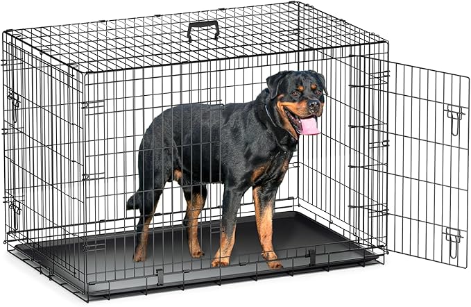 MoNiBloom 24/30/36/42/48 Dog Crates, Foldable Metal Wire Dog Cage with Double-Door, Outdoor Indoor Pet Kennels, Includes Leak-Proof Pan, Divider Panel, Black, 48"