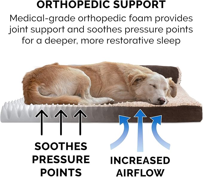 Furhaven Orthopedic Dog Bed for Large/Medium Dogs w/ Removable Bolsters & Washable Cover, For Dogs Up to 55 lbs - Two-Tone Plush Faux Fur & Suede L Shaped Chaise - Espresso, Large