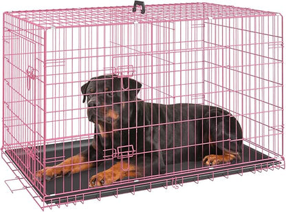 FDW Dog Crate for Large Dogs 42 Inch Folding Metal WirePet Cage Double Door W/Divider Panel Indoor Outdoor Kennel Leak-Proof Plastic Tray,Pink