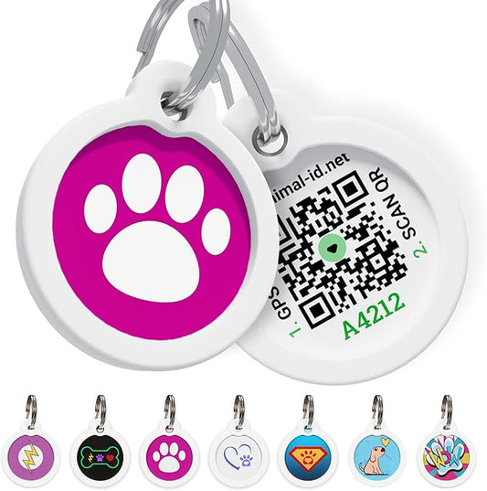 QR Code Dog Tag Silent Id Pet Tags Personalized Name Plate with Online Profile (Large, Pink Paw)