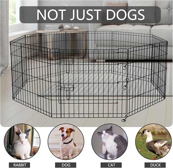 PETIME Foldable Metal Dog Exercise Pen/Pet Puppy Playpen Kennels Yard Fence Indoor/Outdoor 8 Panel 24" W with Top Cover and Bottom Pad (Playpen+Bottom+Top Cover, 8 Panels 30" H)