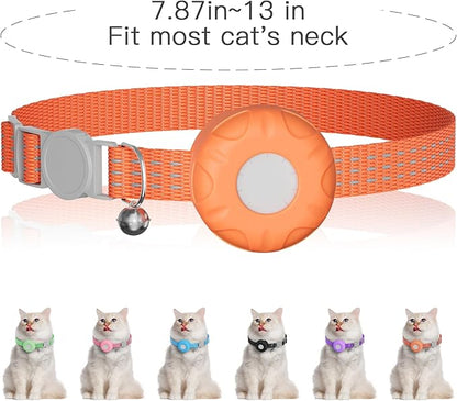 Cat Tracker Collar,No Monthly Fee Tracking Pet Collar with Finder Tag,Compatible with Apple Find My(iOS Only),Breakaway Tractive Design with Reflective Pattern & Bell,Orange