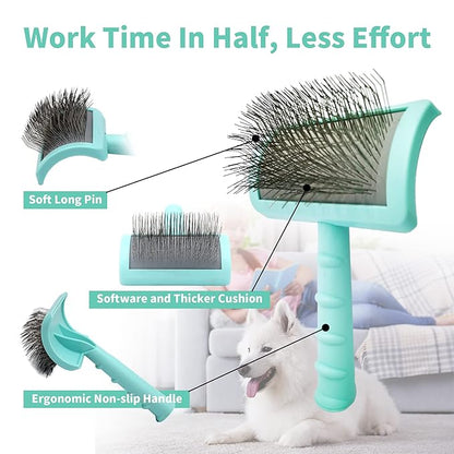 Large Slicker Brush & Green-comb Value Kit, Extra Long Pin Dog Grooming Brush for Curly Hair Goldendoodles, Removes Long and Loose Hair & Undercoat