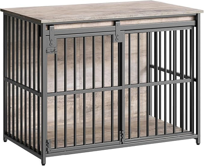 HOOBRO Dog Crate Furniture, 36.6" Heavy Duty Dog Kennel with Sliding Barn Door, Wooden Dog Cage Indoor, Decorative Side End Table for Small/Medium Dogs, Greige and Black GY162GW03G1