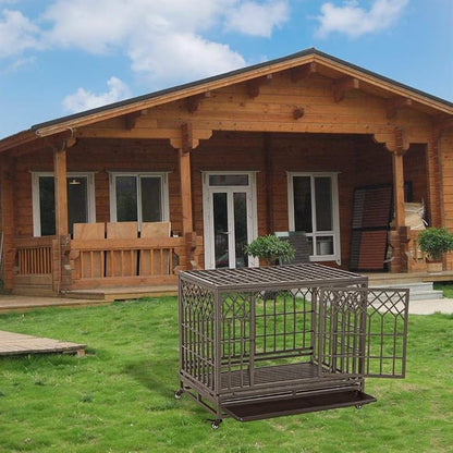 SMONTER Heavy Duty Dog Crate Strong Metal Pet Kennel Playpen with Two Prevent Escape Lock, Large Dogs Cage with Wheels, Y Shape, Brown (Strengthen-38INCH, Brown)