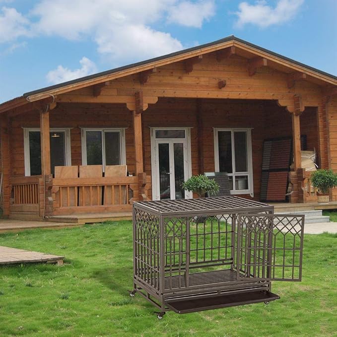 SMONTER Heavy Duty Dog Crate Strong Metal Pet Kennel Playpen with Two Prevent Escape Lock, Large Dogs Cage with Wheels, Y Shape, Brown (Strengthen-38INCH, Brown)