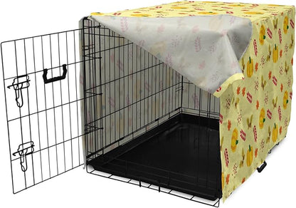 Lunarable Autumn Pumpkin Dog Crate Cover, Seasonal Image with Fall Botanical Elements Leaves and Acorns, Easy to Use Pet Kennel Cover for Small Dogs Puppies Kittens, 18 Inch, Pastel Yellow Multicolor
