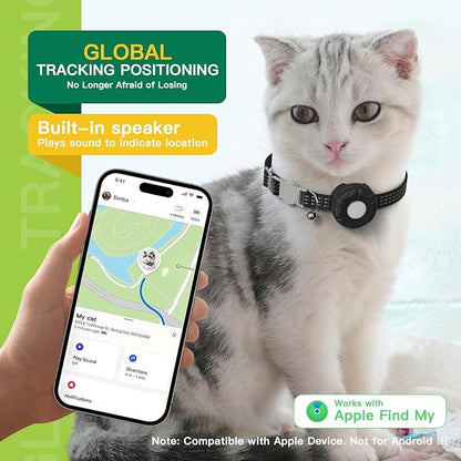 Cat Tracker Collar,No Monthly Fee Tracking Pet Collar with Finder Tag,Compatible with Apple Find My(iOS Only),Breakaway Tractive Design with Reflective Pattern & Bell,Black