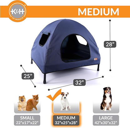K&H Pet Products Pet Cot House for Medium Dogs, Outdoor Elevated Dog Cot House, Enclosed Canopy, Window Flaps for Air Flow, Washable Cover, Raised Metal Frame, Collapsible - Medium 32 X 25in Blue