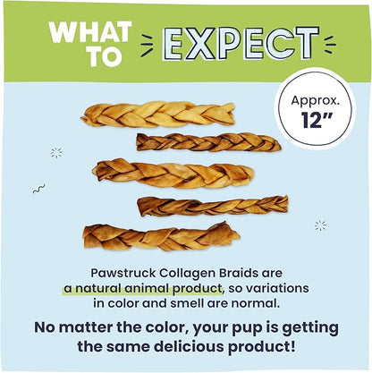 Pawstruck Natural Large 10-13” Beef Collagen Braids for Dogs - Healthy Long Lasting Alternative to Traditional Rawhide & Bully Sticks w/Chondroitin & Glucosamine - 3 Count - Packaging May Vary