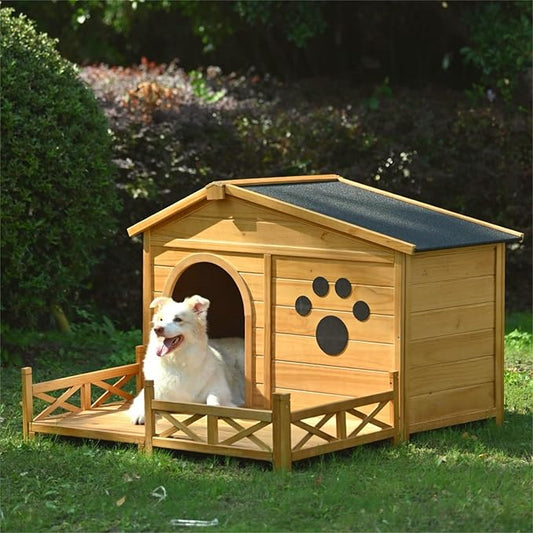 Merax 48" Wooden Dog House Outdoor, Medium Large Breed Outside Kennel with Porch, Paw Print, Weatherproof Asphalt Roof and Fencing