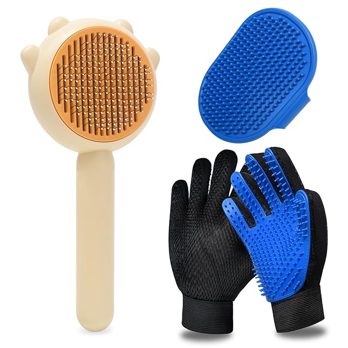 GJEASE Cat Grooming Glove Brush,Self-Cleaning Slicker Pet Brush for Short and Long Haired pets,Dog Bath Brush for Shedding and Grooming,Removes Loose Hair and Tangles,Promote Circulation
