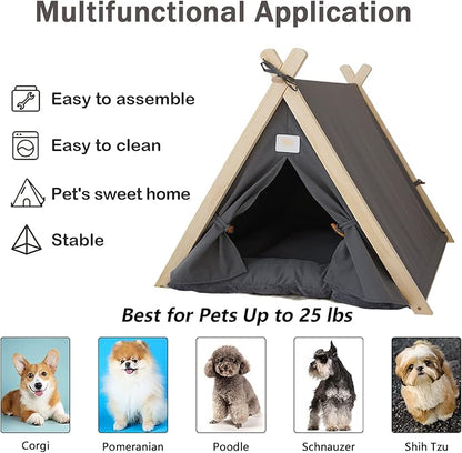 Pet Teepee Tent for Small Dogs & Cats, Portable Puppy Bed with Thick Cushion, Cat Teepee Washable Tent Dog Teepee Bed for Small Pets Up to 25lbs Indoor Outdoor