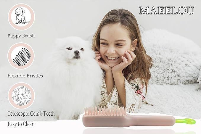 Stretchable Puppy Brush ， Soft Dog Brush - Gentle Grooming Brush for Small Dogs, Perfect for Yorkie, Shih Tzu, Maltipoo ，Dog Hair Remover Brush (Pink)