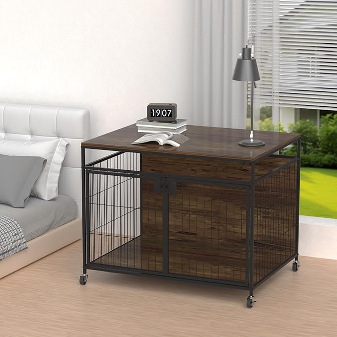 Dog Crate Furniture for Large Dogs, Wooden Dog Kennel with Double Doors, Heavy Duty End Table Dog Crate for Dogs Indoor, Rotating Wheels or Foot Pads,39.4" L x 28.3" W x 31.7" H