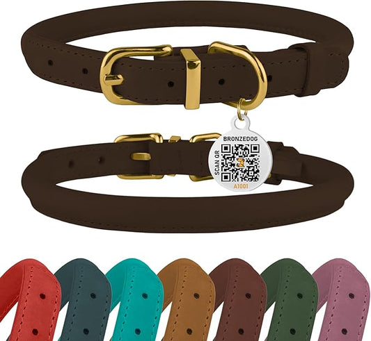 BRONZEDOG Rolled Leather Dog Collar with QR ID Tag Adjustable Soft Round Collars for Small Medium Large Dogs Puppy Cat (9" - 11" Neck Size, Brown)