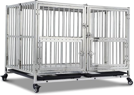 48 Inch Heavy Duty Indestructible Dog Crate, Stainless Steel Dog Cage Kennel with Lockable Wheels, High Anxiety Dog Crate with Double Door, Extra Large Crate Indoor for Large Dogs with Removable Tray