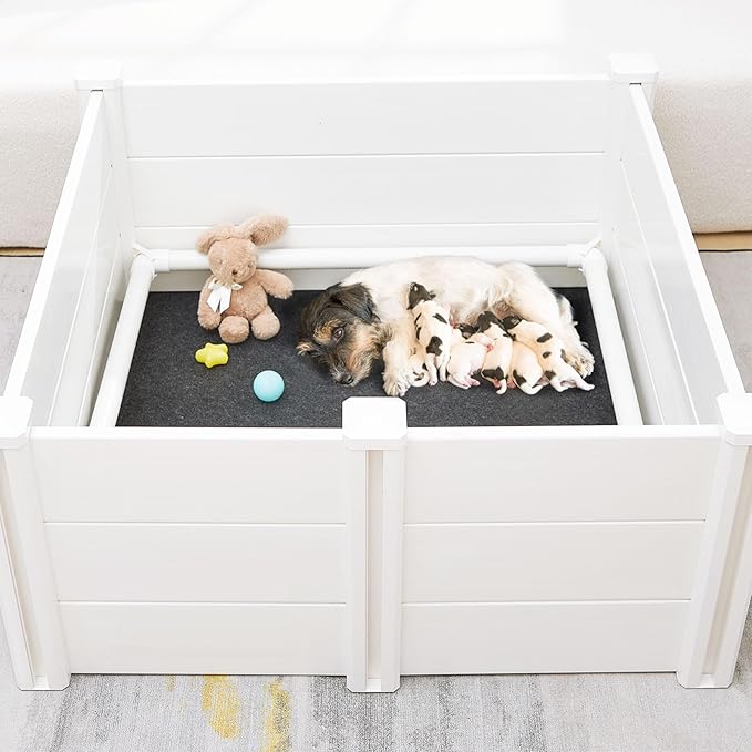 Whelping Box for Dogs and Puppies 48 x 48 x 19 Inch Whelping Pen with Safety Rails and Felt Pad White Puppy Playpen Supplies for Small Medium Large Dogs