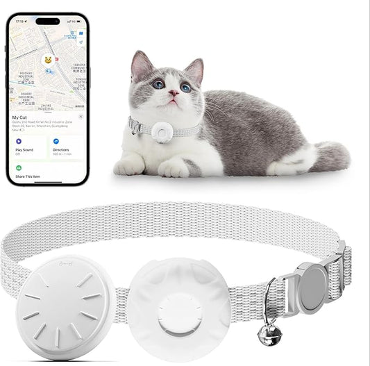 Cat Tracker, Pet Tracker for Cats, Cat GPS Tracker Collar with Safety Elastic Buckle, GPS Tracker Compatible with Apple Find My App (Only iOS), No Monthly Fee, Waterproof, White