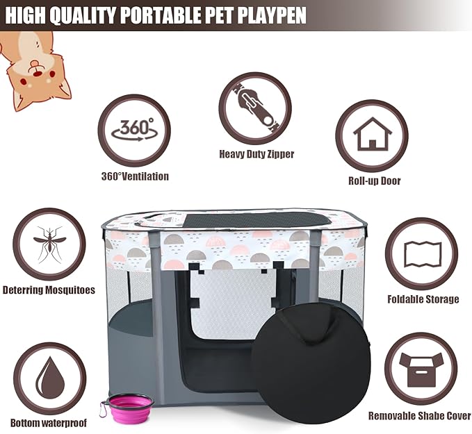 Portable Foldable Pet Playpen with Carrying Case and Travel Pet Bowl, Water Resistant Dog Cat Playpen Crate with Removable Shade Cover, Medium Size: (32*24*22inch), White