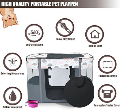 Portable Foldable Pet Playpen with Carrying Case and Travel Pet Bowl, Water Resistant Dog Cat Playpen Crate with Removable Shade Cover, Medium Size: (32*24*22inch), White