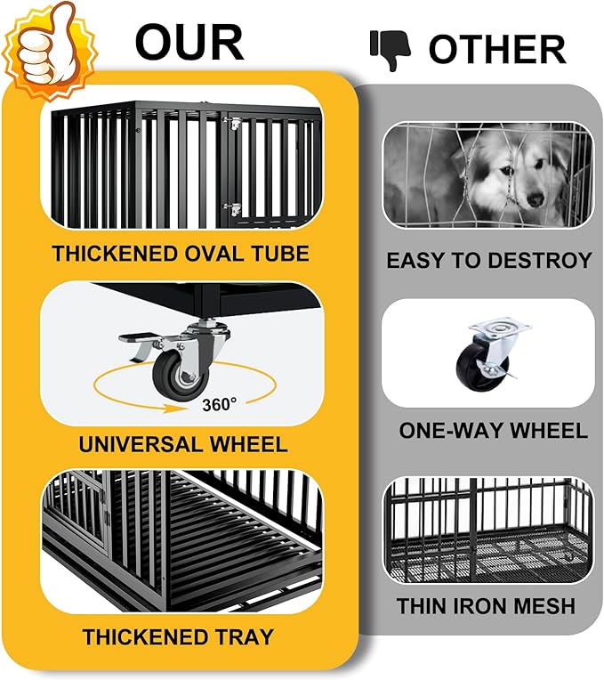 47" Heavy Duty Dog Crate,Indestructible Large Dog Cage,Escape Proof Dog Crate Dog Kennel,Two-Door Design with Wheels and Dog Crate Tray,Suitable for High Anxiety,Black