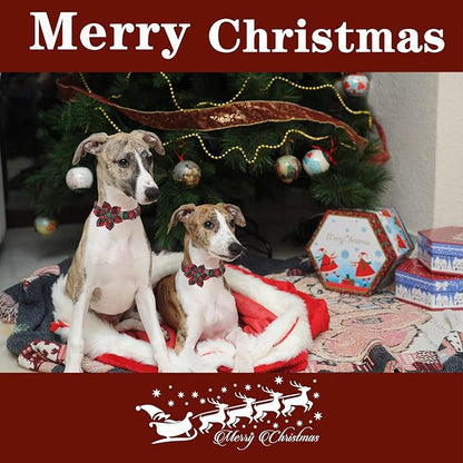 Unique style paws Christmas Dog Collar with Flower Tie Red Green Plaid Adjustable Cotton Puppy Collar for Small Medium Large Dogs-L