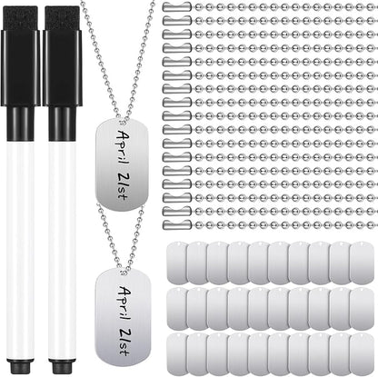 Therwen 62 Pieces Military Dog Tags Necklace Set Including 30 Aluminum Blank Dog Tag 30 Ball Stainless Steel Beaded Necklaces and 2 Erasable Markers for DIY Crafts